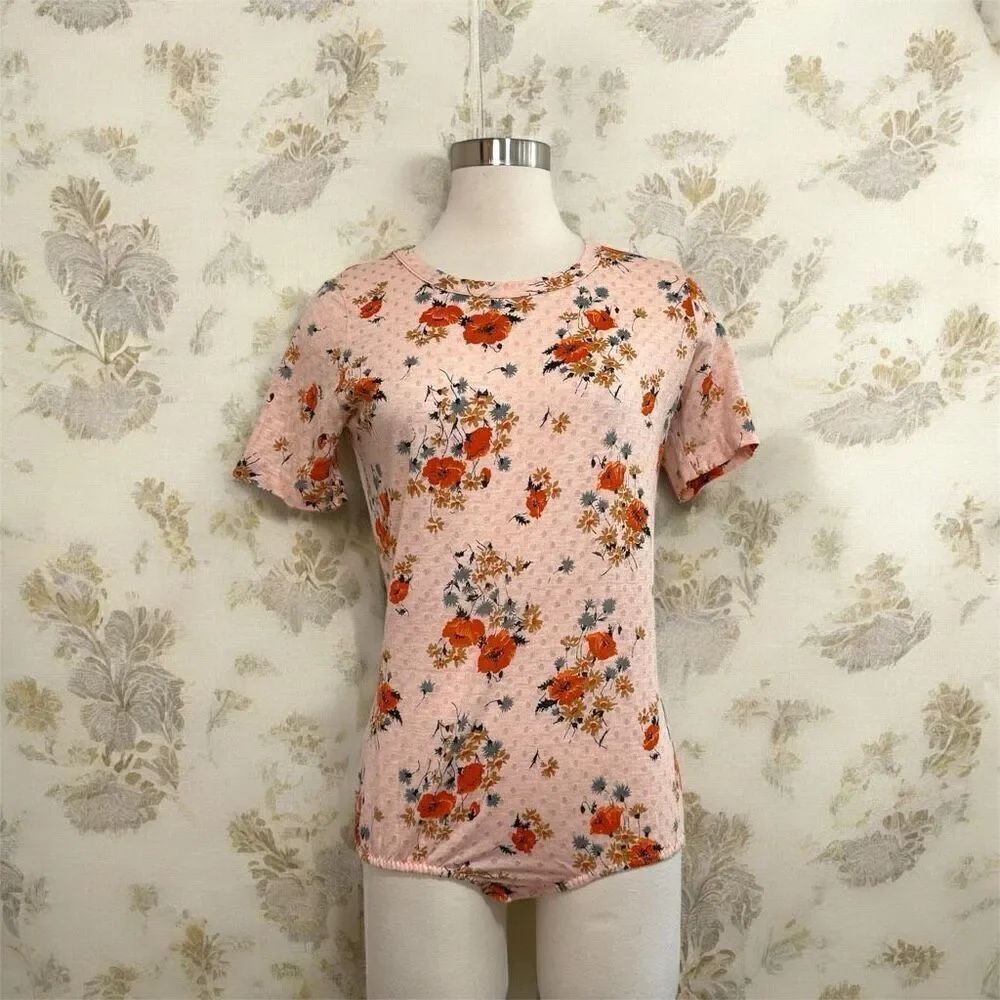 Vintage Baronet Floral Tee Blouse Pink Short Sleeve Bodysuit Union Made M